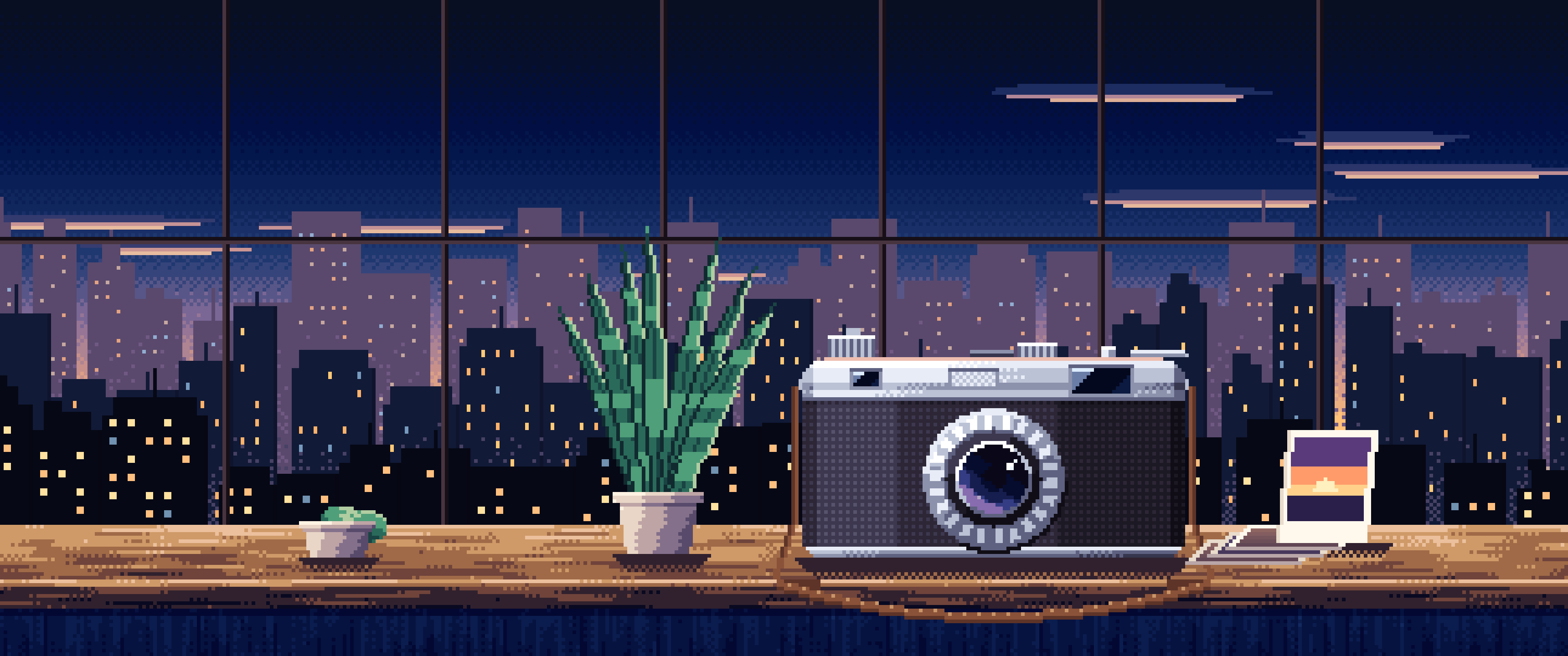 Navy Pixel Art Vintage Camera on a Windowsill at Dusk ultrawide wallpaper, 3440 × 1440