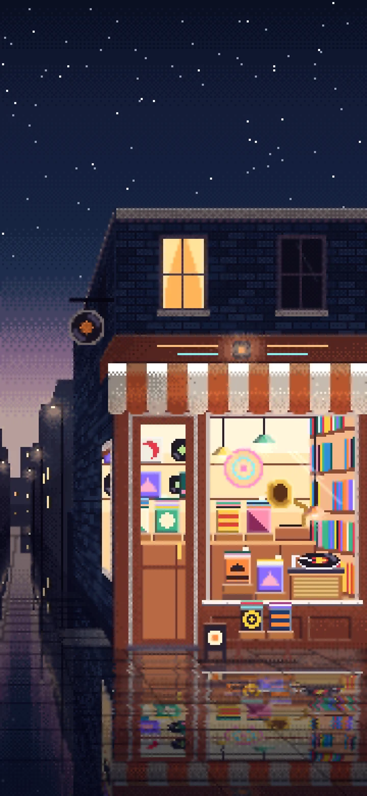 Navy Pixel Art Vinyl Record Store wallpaper for iPhone and Android