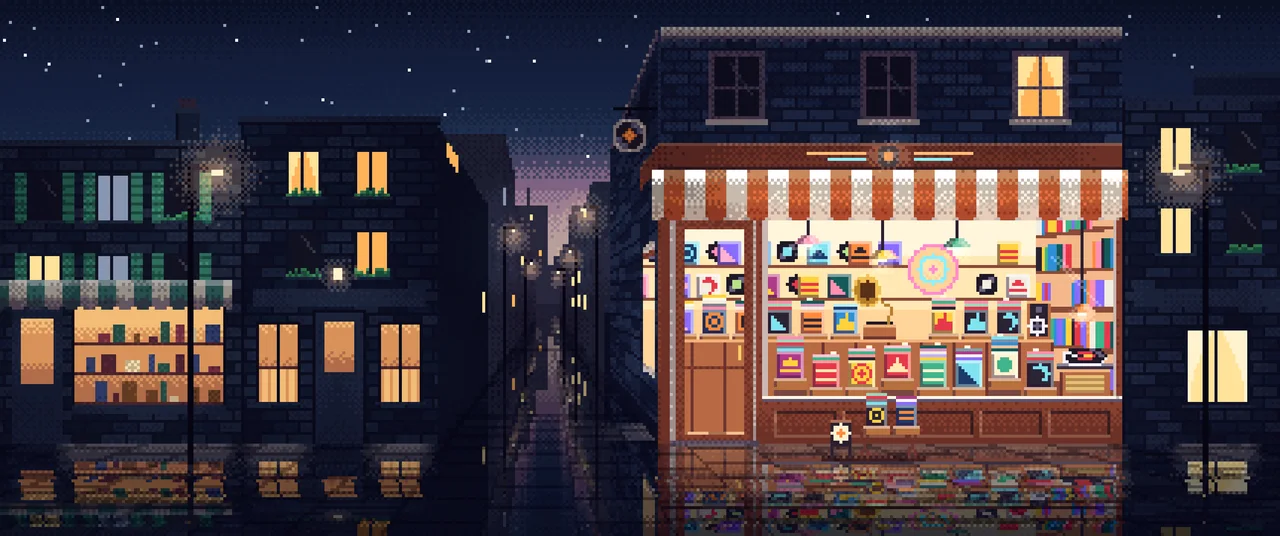 Navy Pixel Art Vinyl Record Store ultrawide wallpaper, 3440 × 1440