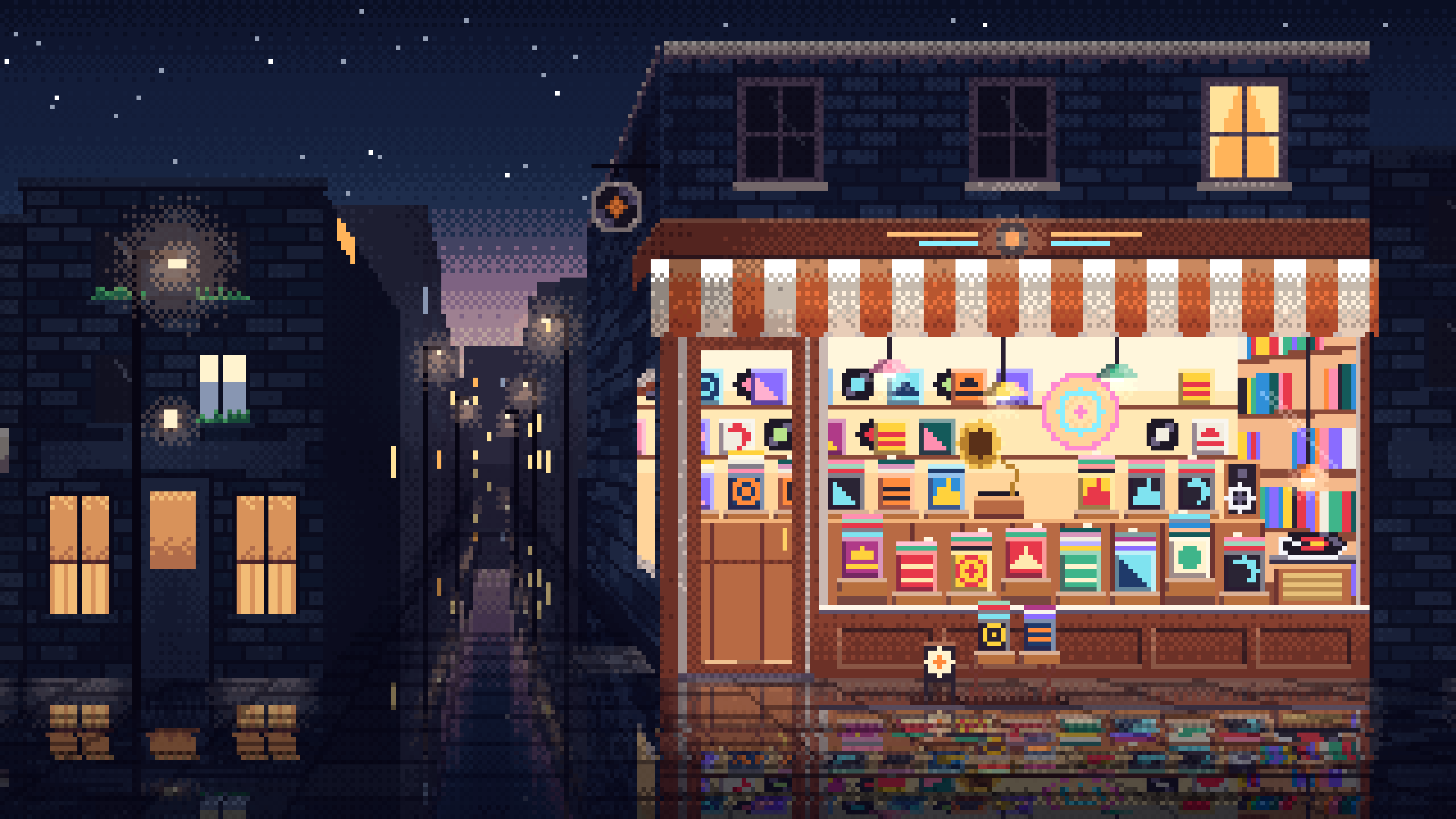 Navy Pixel Art Vinyl Record Store desktop wallpaper in 4K