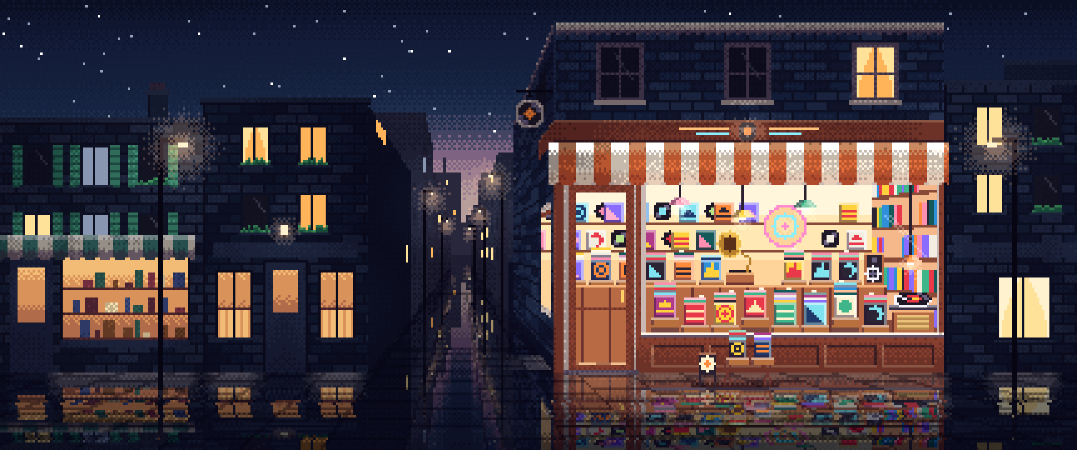 Navy Pixel Art Vinyl Record Store ultrawide wallpaper, 3440 × 1440