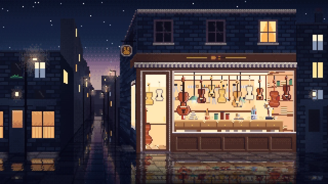 Navy Pixel Art Violin Workshop desktop wallpaper in 4K
