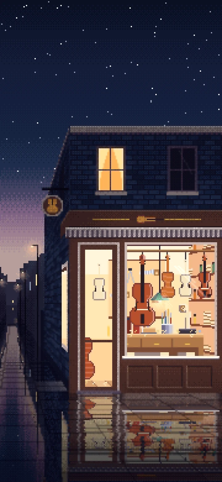 Navy Pixel Art Violin Workshop wallpaper for iPhone and Android
