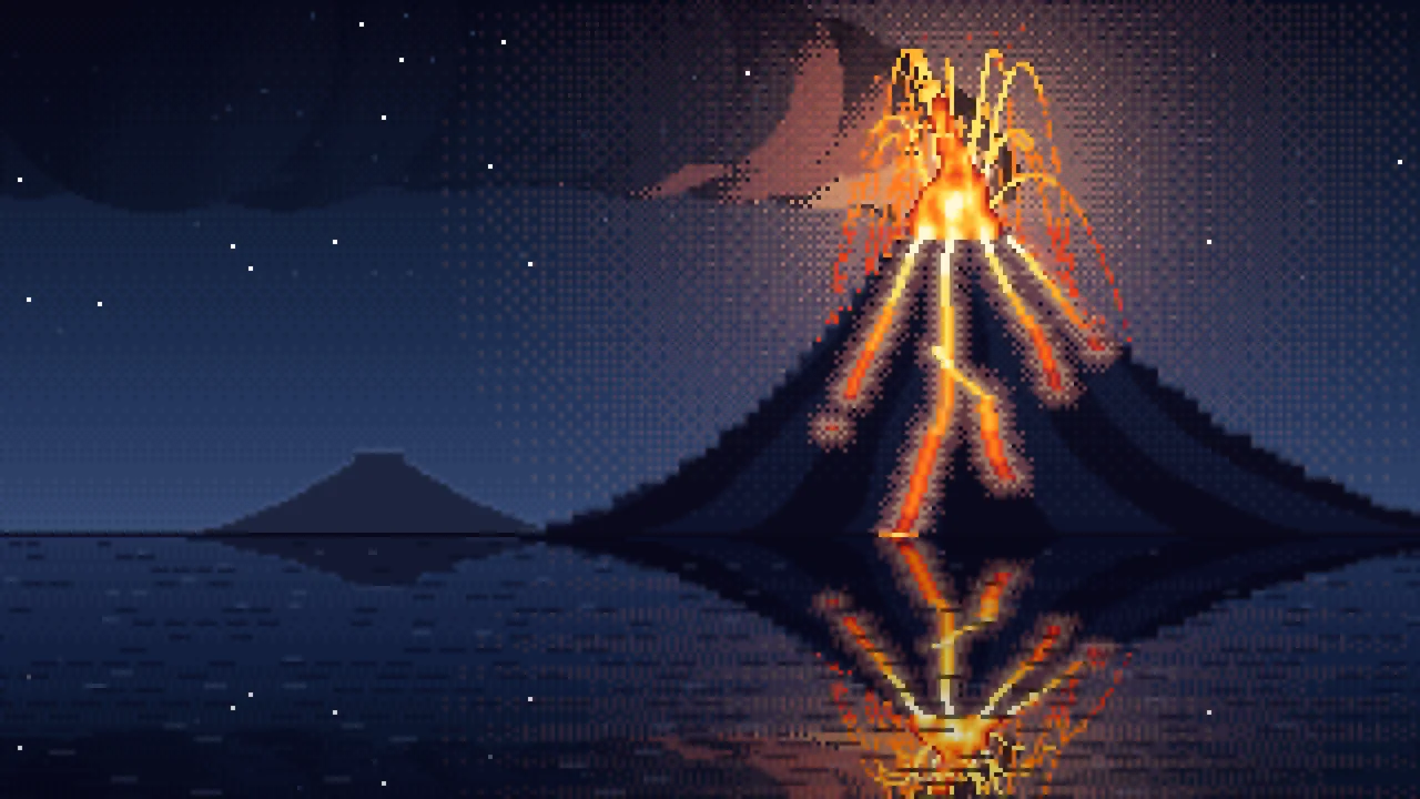 Navy Pixel Art Volcano Erupting at Night desktop wallpaper in 4K
