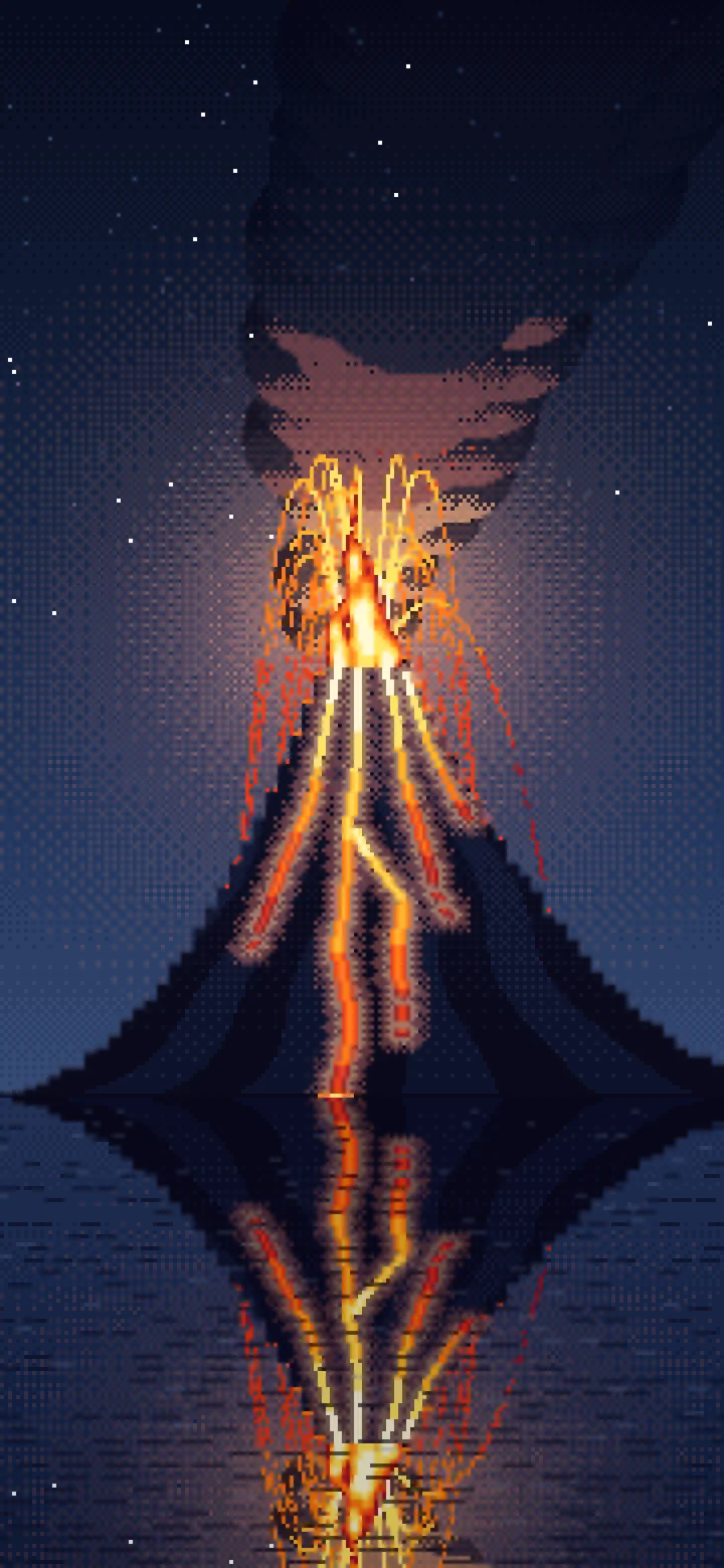 Navy Pixel Art Volcano Erupting at Night wallpaper for iPhone and Android