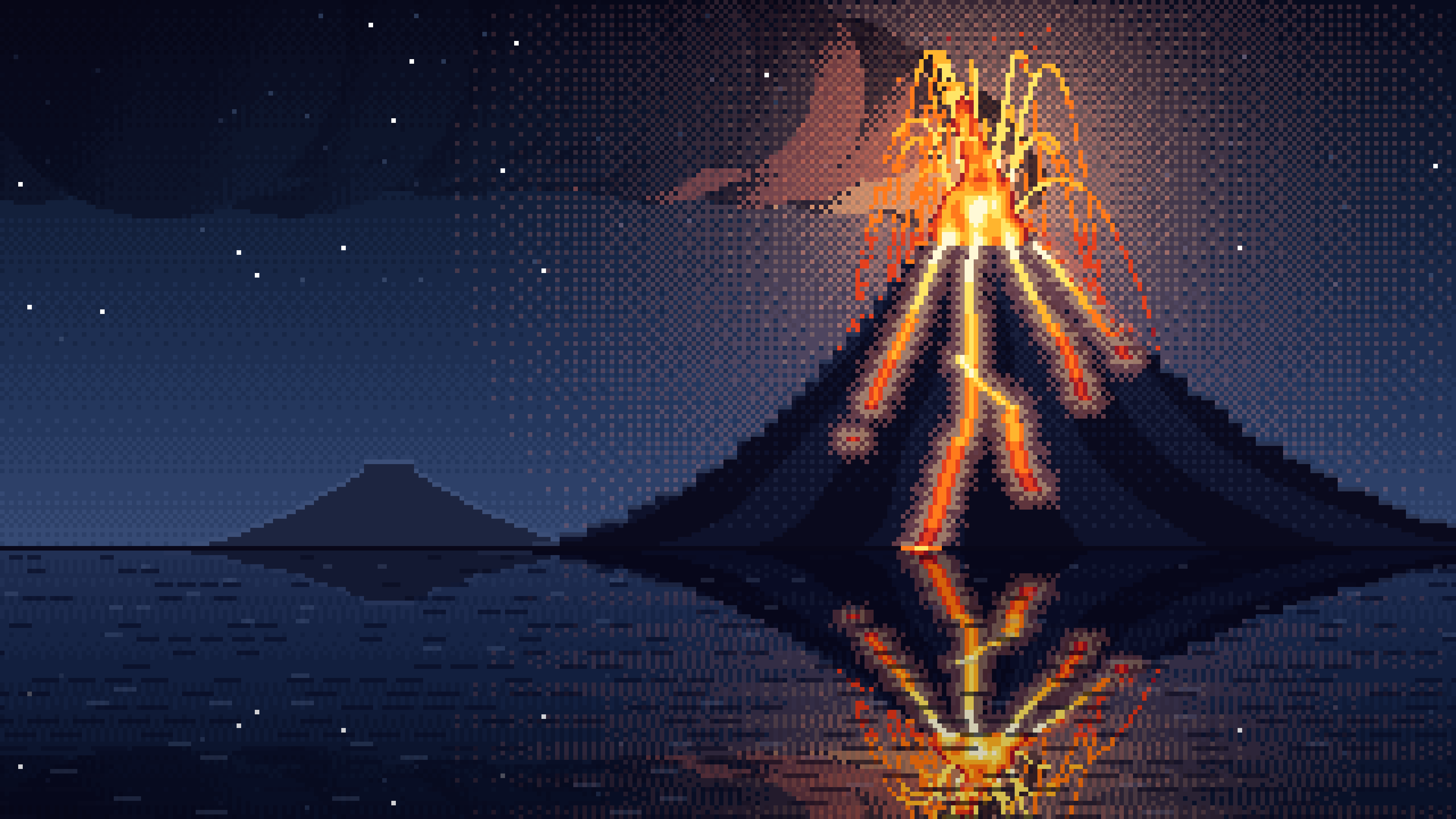Navy Pixel Art Volcano Erupting at Night desktop wallpaper in 4K