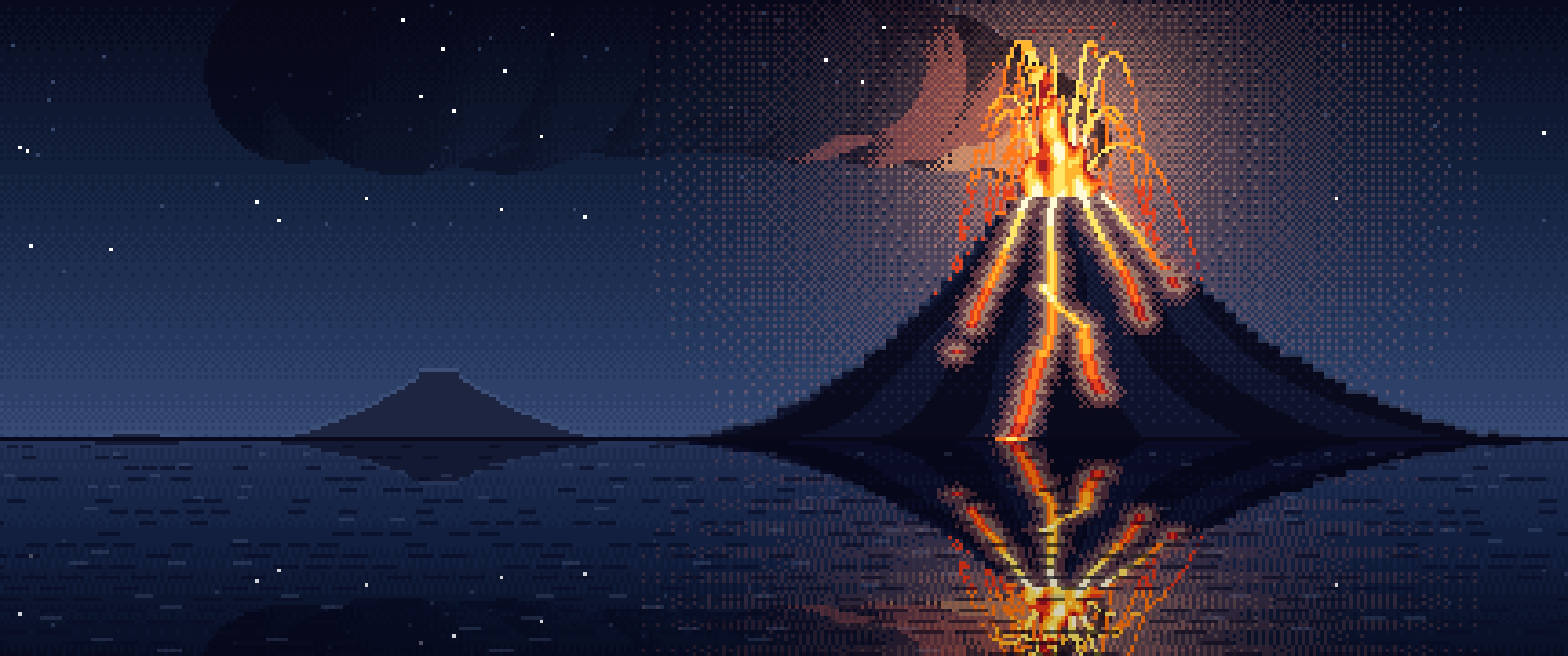 Navy Pixel Art Volcano Erupting at Night ultrawide wallpaper, 3440 × 1440