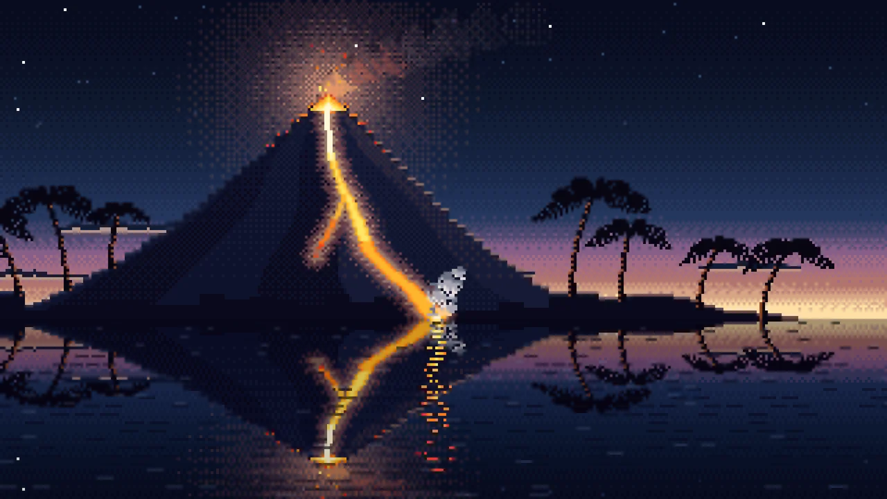 Navy Pixel Art Volcano Island at Dusk desktop wallpaper in 4K