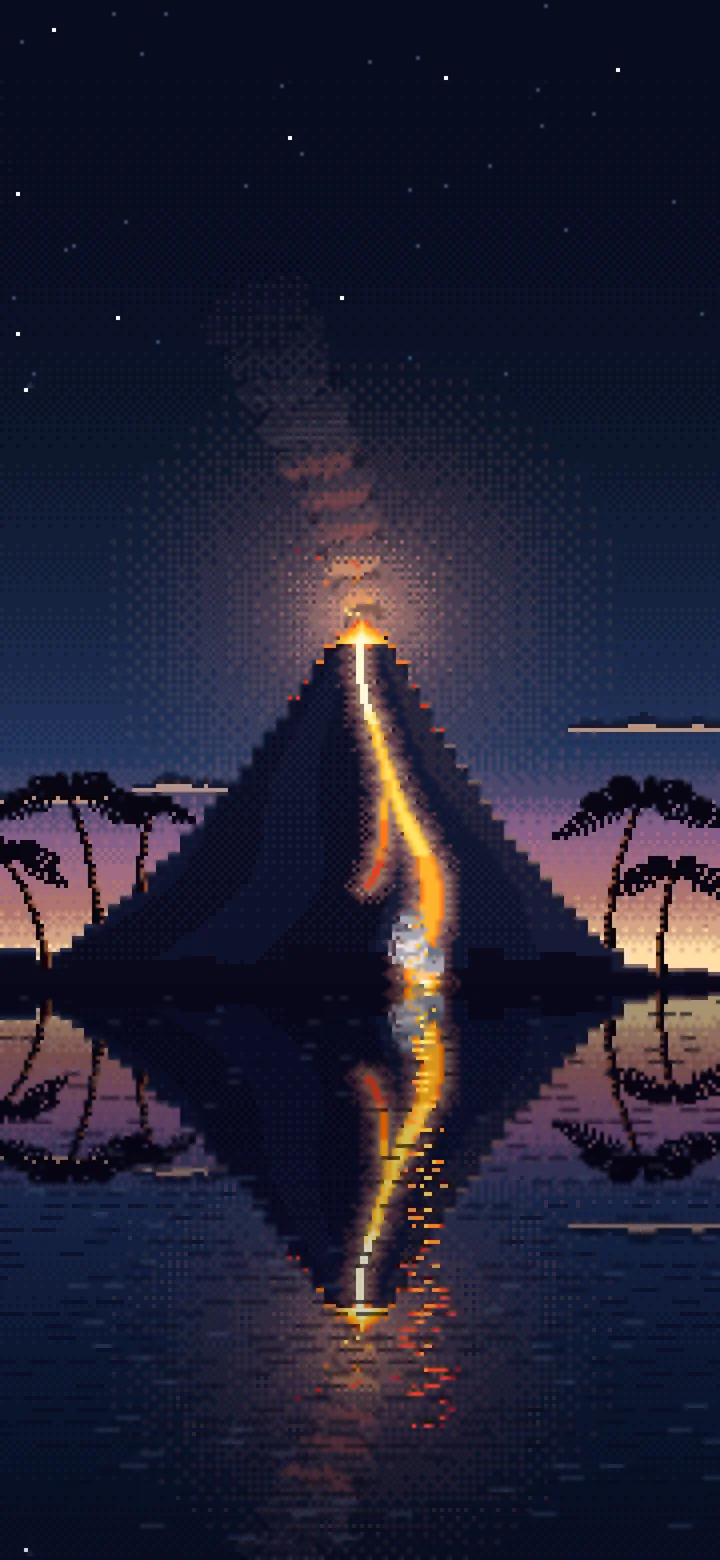 Navy Pixel Art Volcano Island at Dusk wallpaper for iPhone and Android