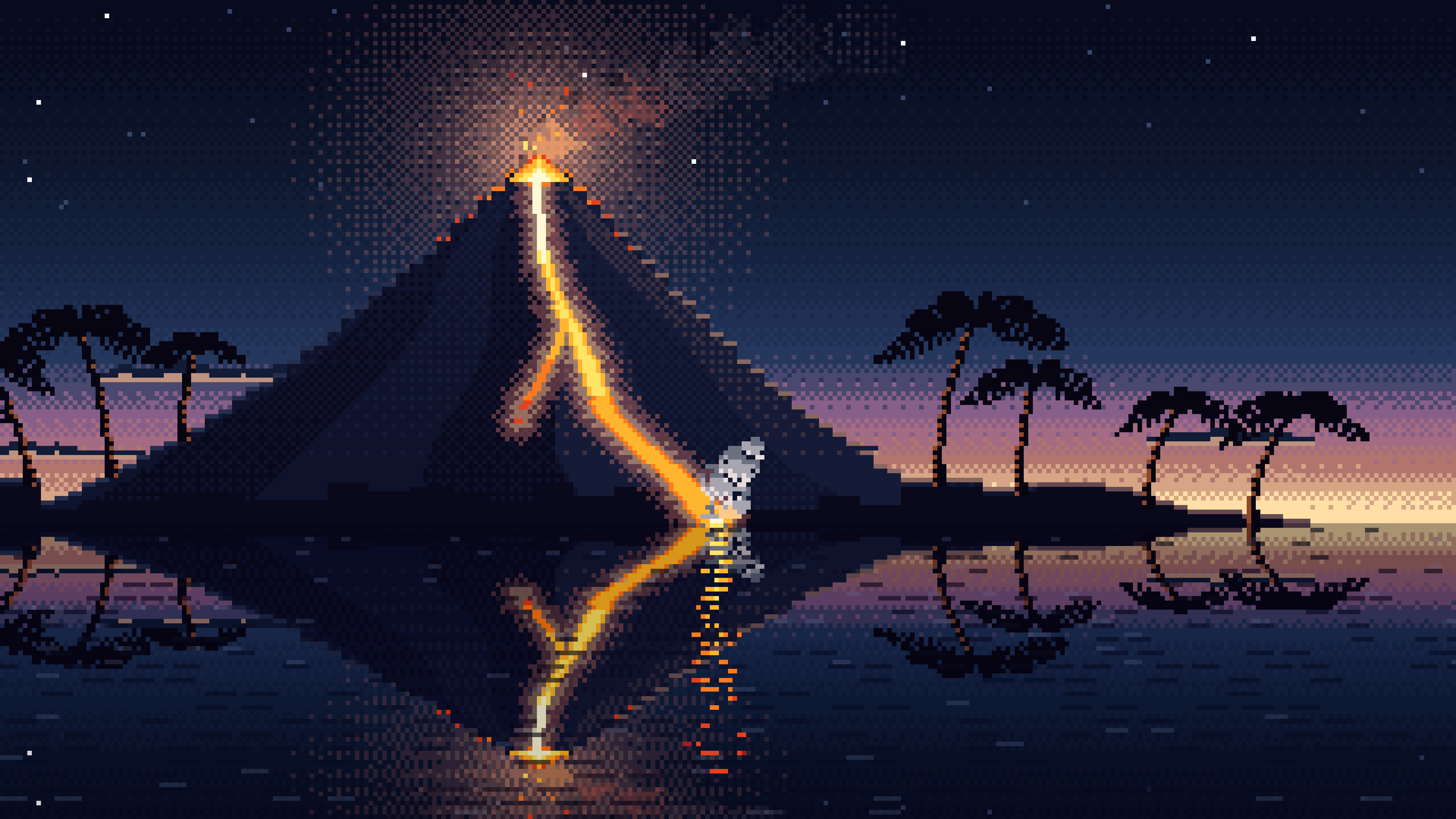Navy Pixel Art Volcano Island at Dusk desktop wallpaper in 4K