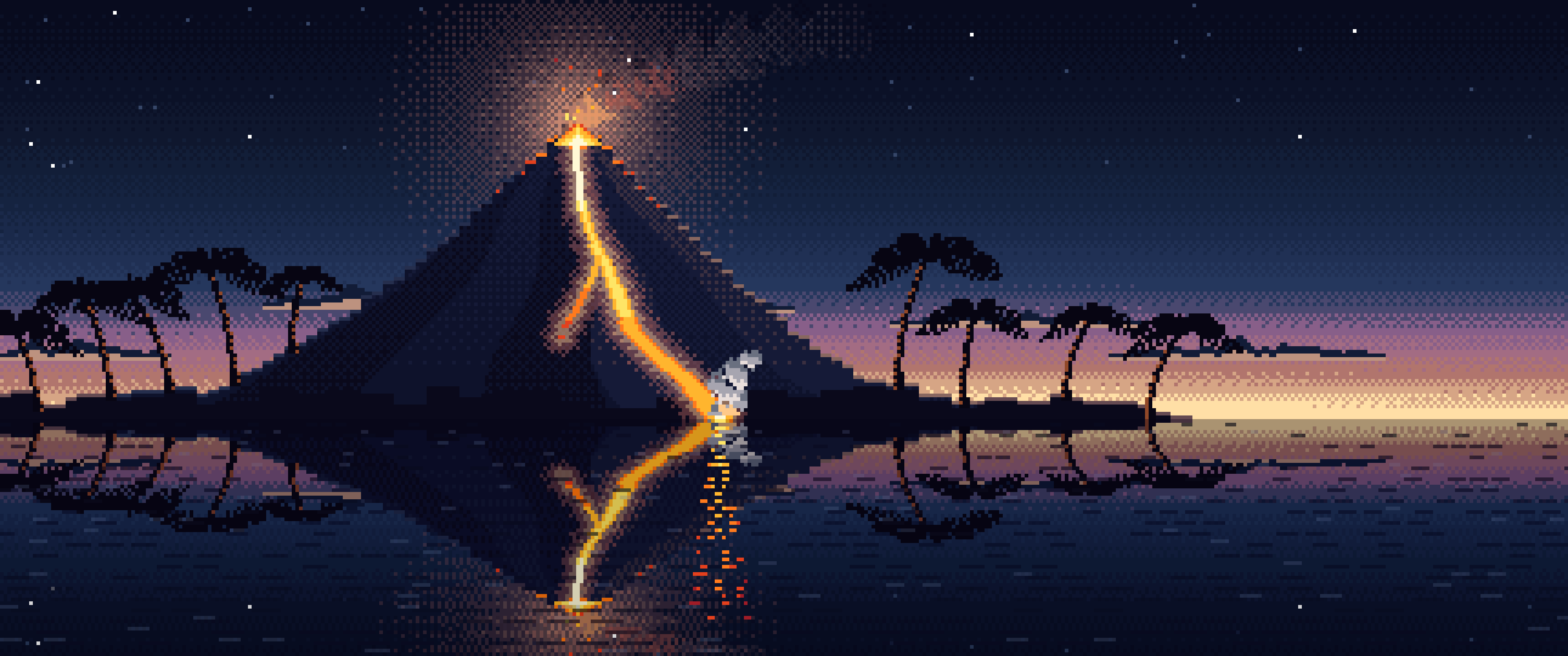 Navy Pixel Art Volcano Island at Dusk ultrawide wallpaper, 3440 × 1440