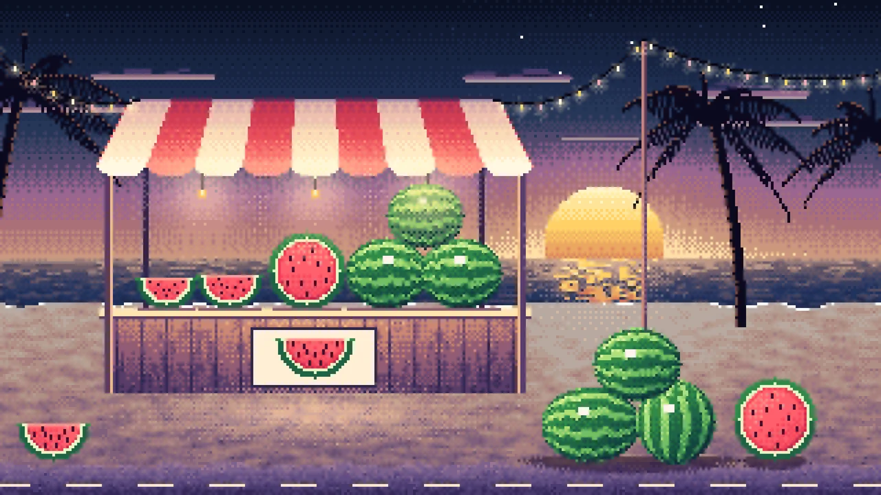 Navy Pixel Art Watermelon Stand at the Beach desktop wallpaper in 4K