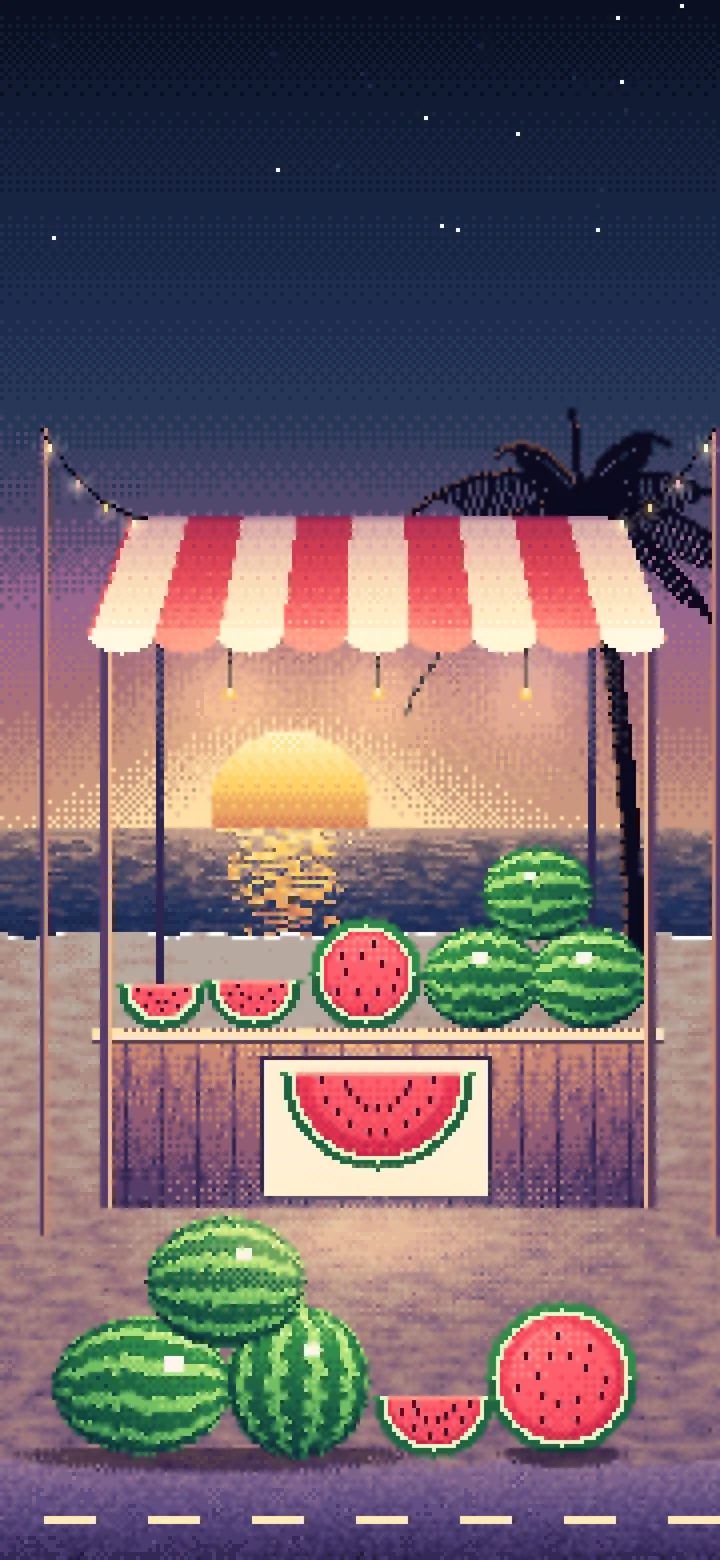 Navy Pixel Art Watermelon Stand at the Beach wallpaper for iPhone and Android