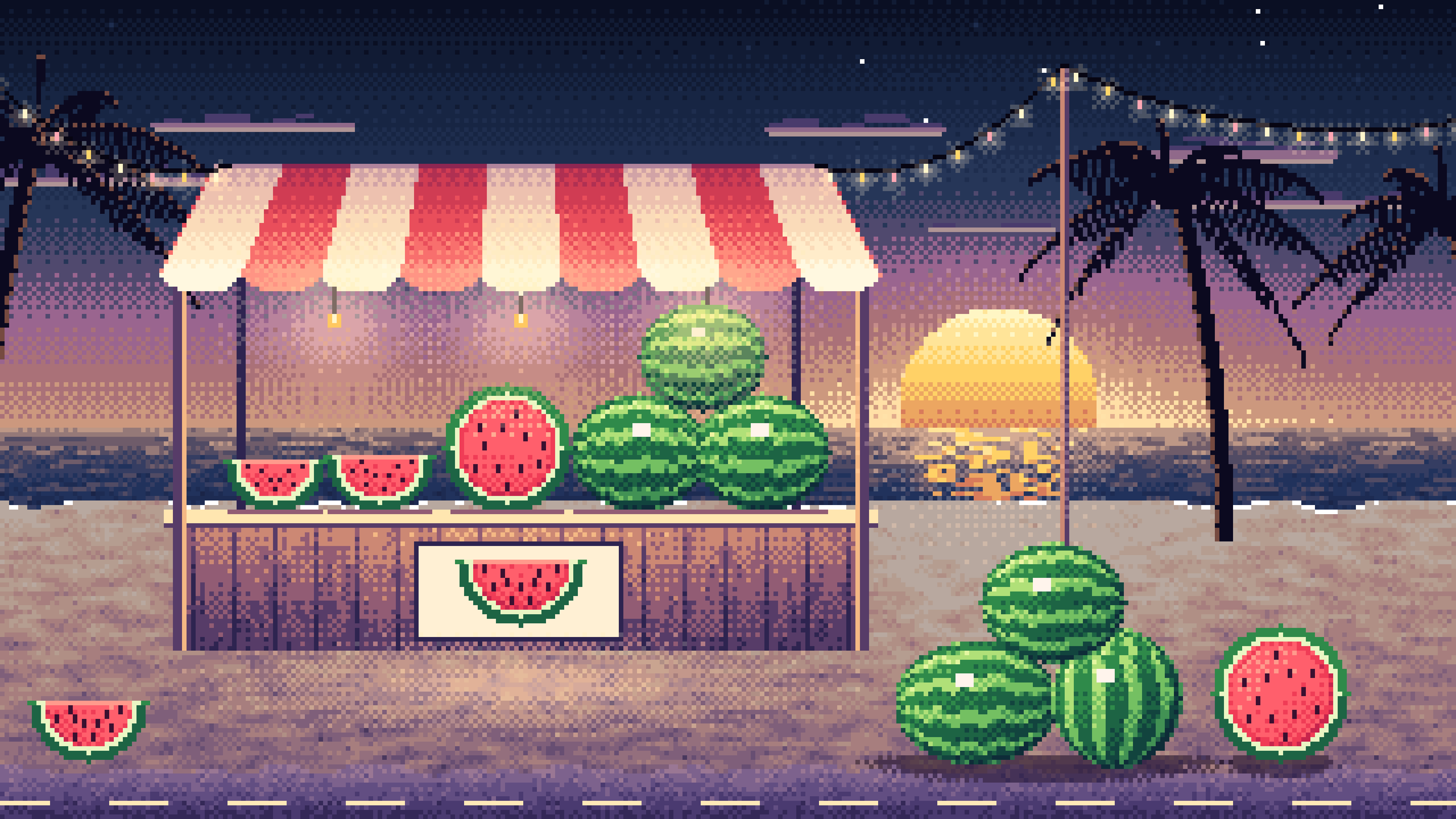 Navy Pixel Art Watermelon Stand at the Beach desktop wallpaper in 4K