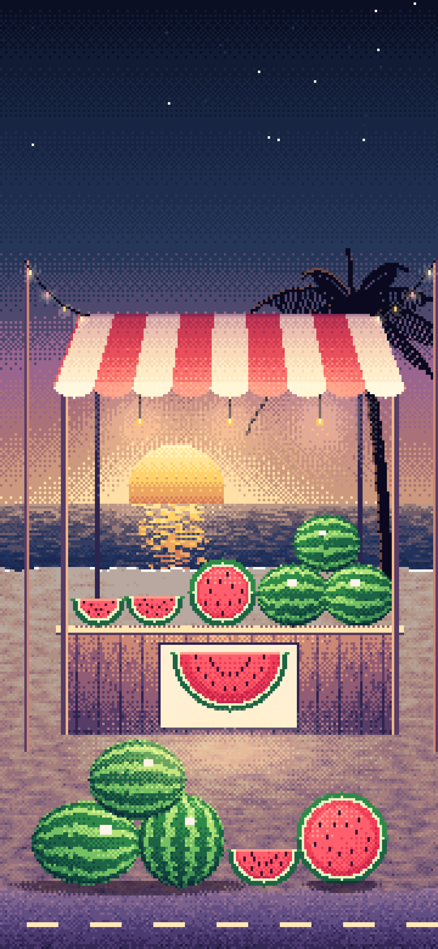 Navy Pixel Art Watermelon Stand at the Beach wallpaper for iPhone and Android