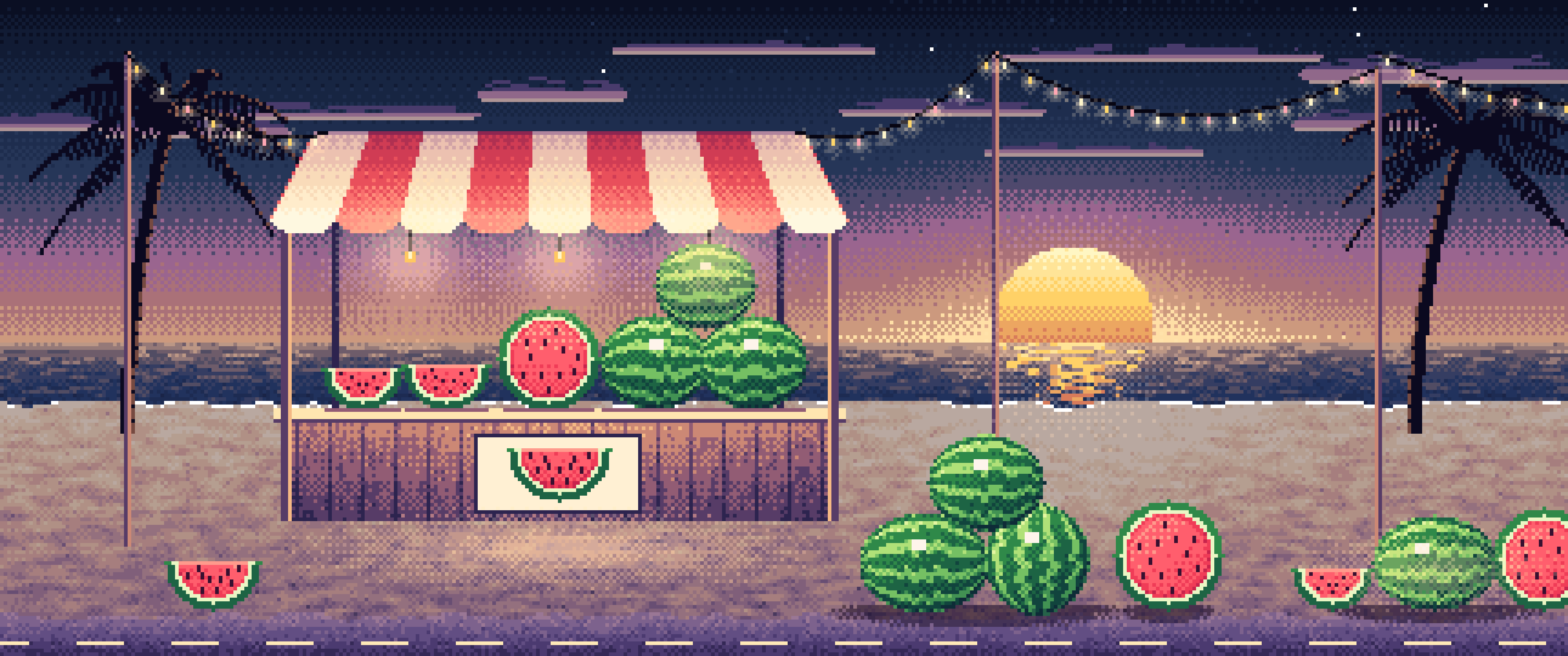 Navy Pixel Art Watermelon Stand at the Beach ultrawide wallpaper, 3440 × 1440