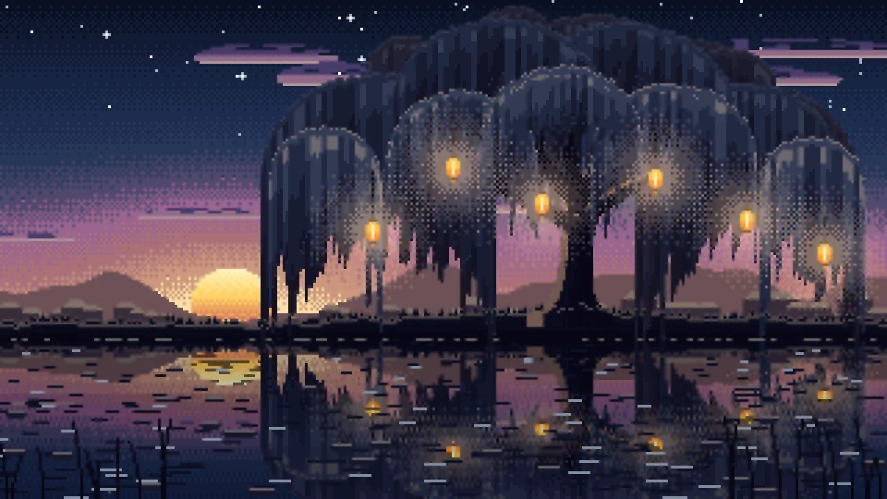 Navy Pixel Art Willow Tree by a Pond desktop wallpaper in 4K