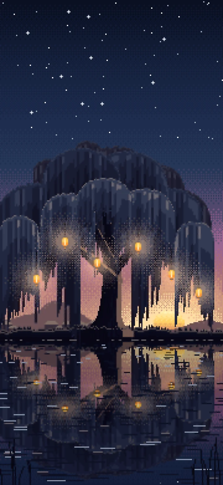Navy Pixel Art Willow Tree by a Pond wallpaper for iPhone and Android