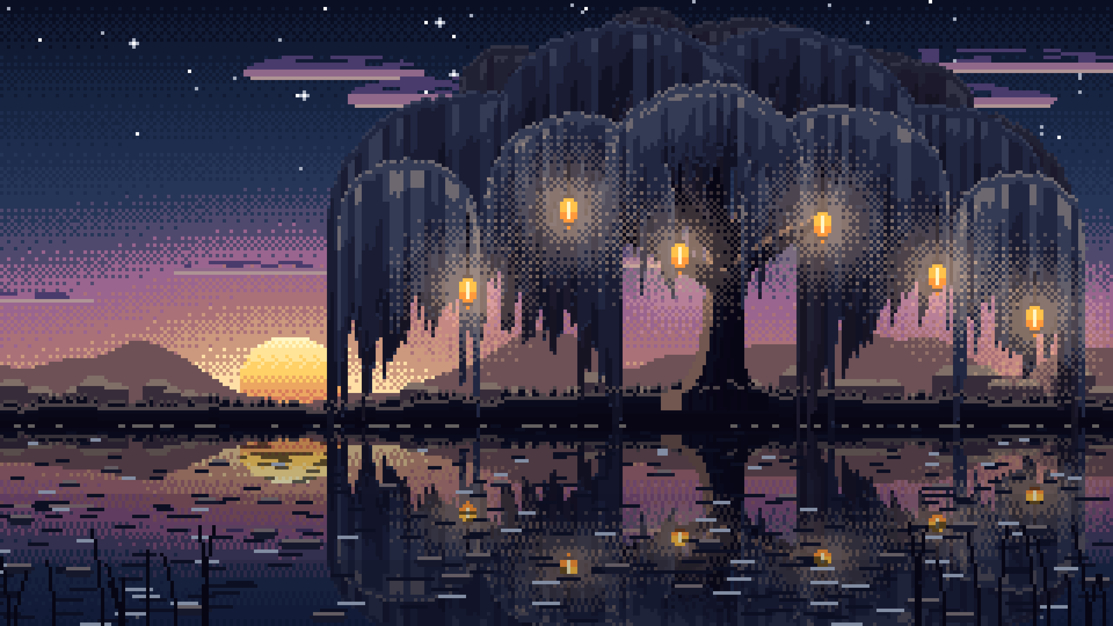 Navy Pixel Art Willow Tree by a Pond desktop wallpaper in 4K