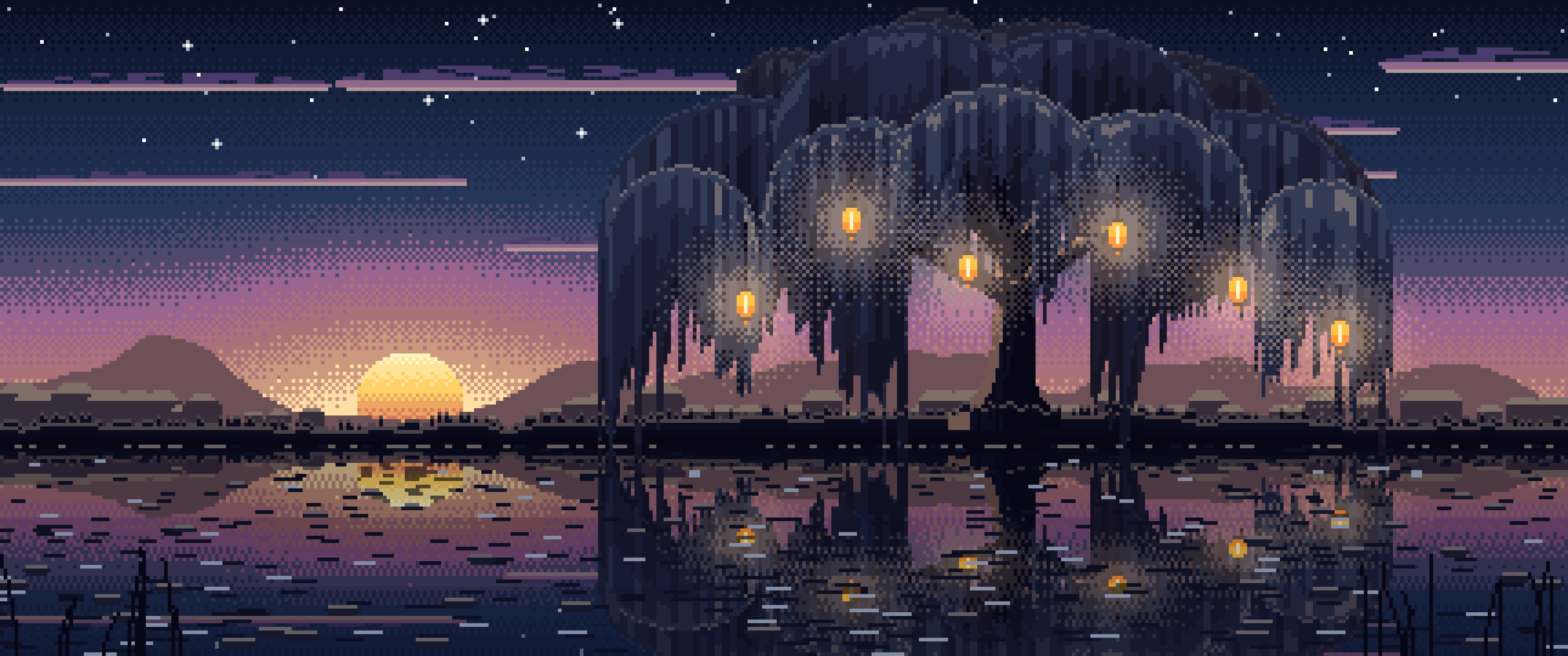 Navy Pixel Art Willow Tree by a Pond ultrawide wallpaper, 3440 × 1440