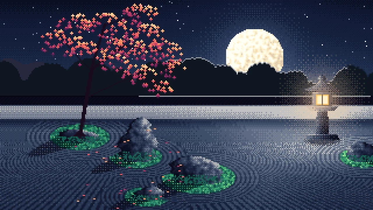 Navy Pixel Art Zen Garden and Moon desktop wallpaper in 4K