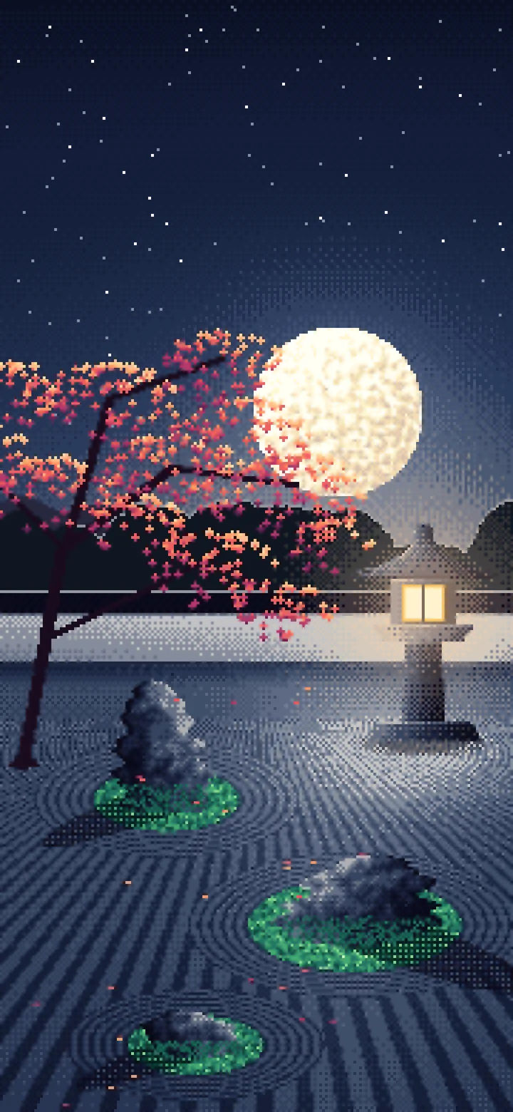 Navy Pixel Art Zen Garden and Moon wallpaper for iPhone and Android