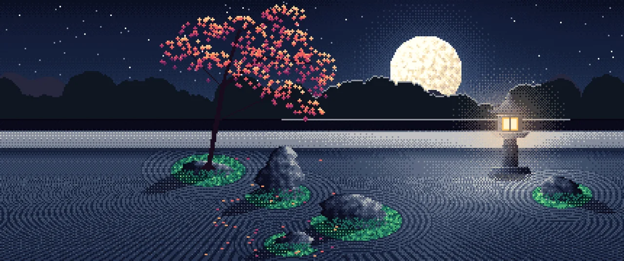 Navy Pixel Art Zen Garden and Moon ultrawide wallpaper, 3440 × 1440