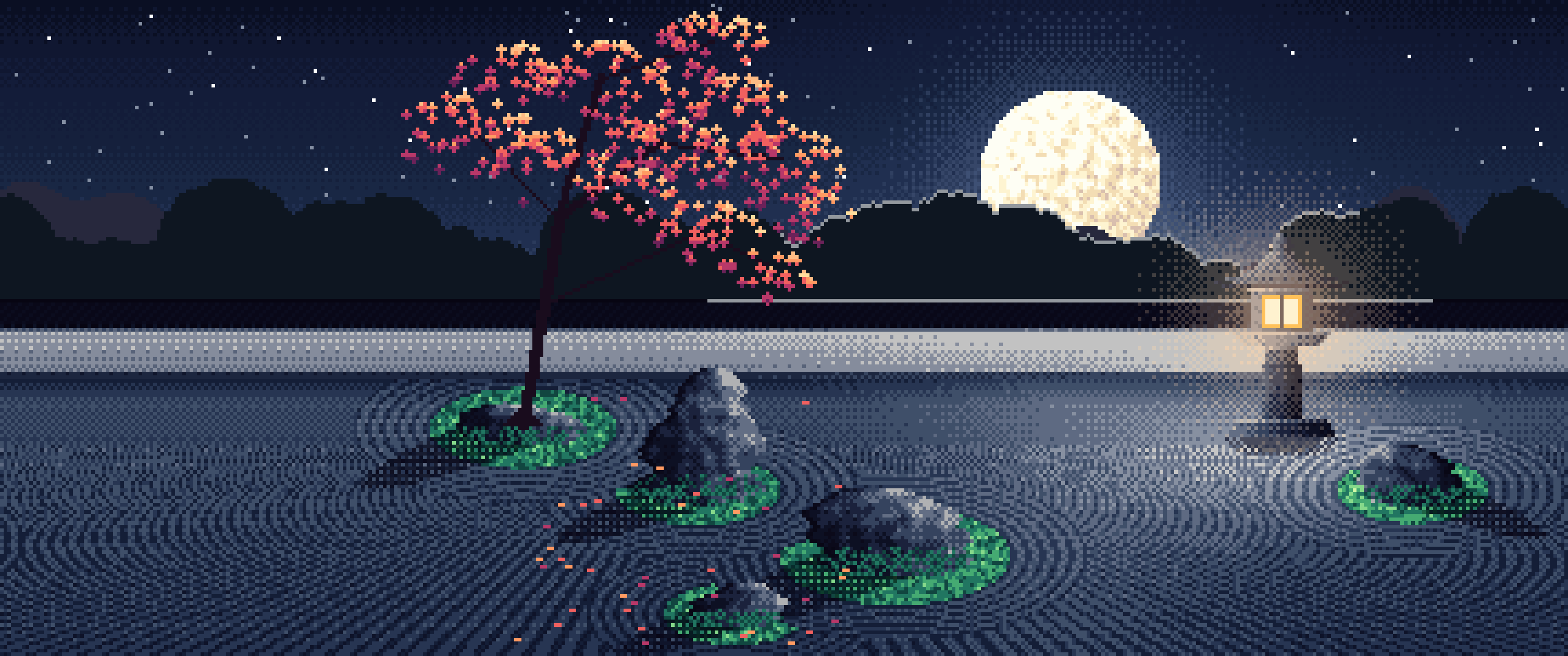 Navy Pixel Art Zen Garden and Moon ultrawide wallpaper, 3440 × 1440
