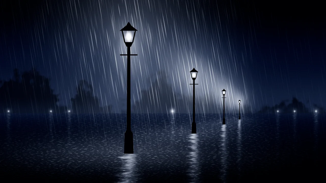 Navy Rainy Street Lamp desktop wallpaper in 4K