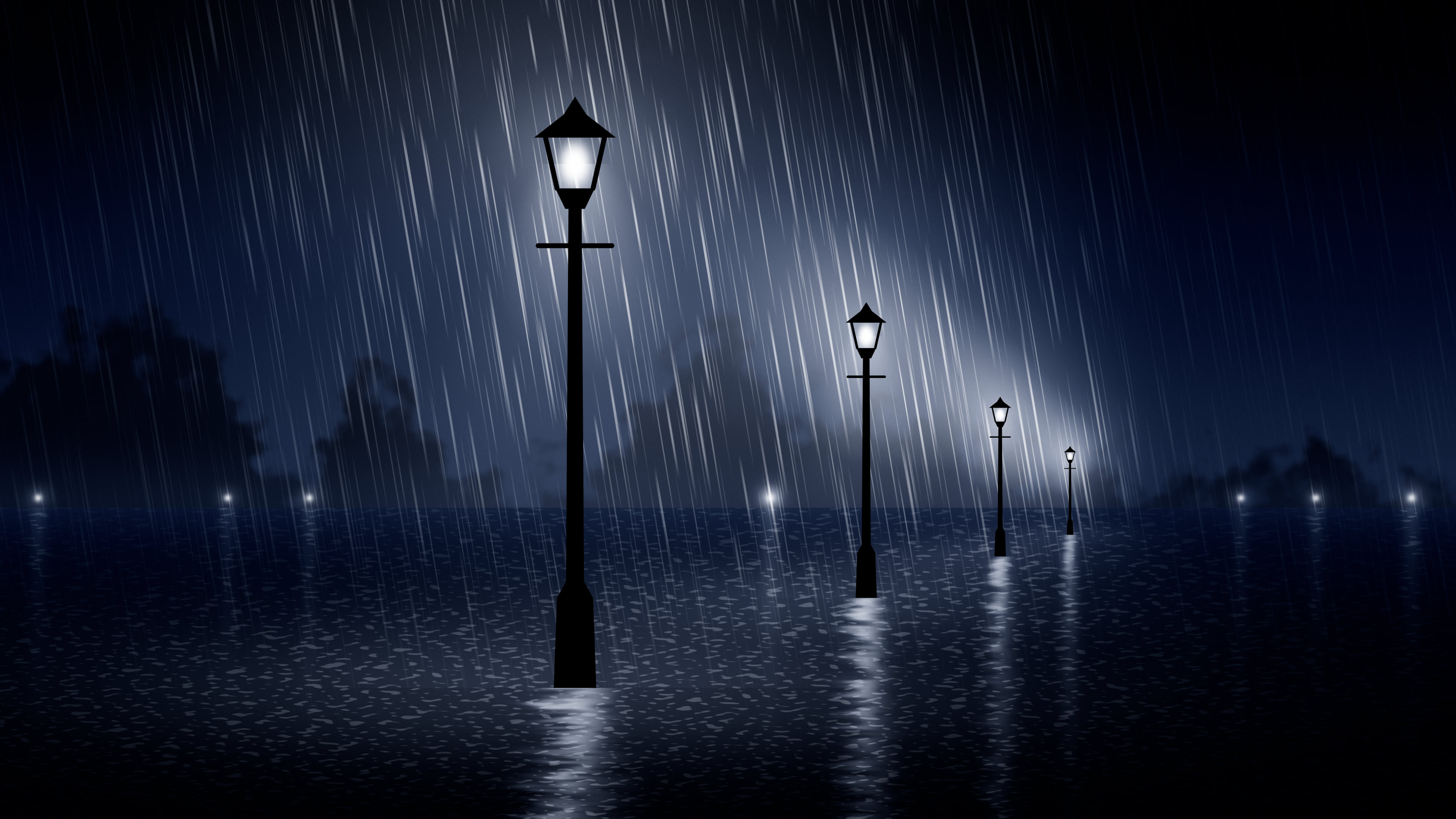 Navy Rainy Street Lamp desktop wallpaper in 4K
