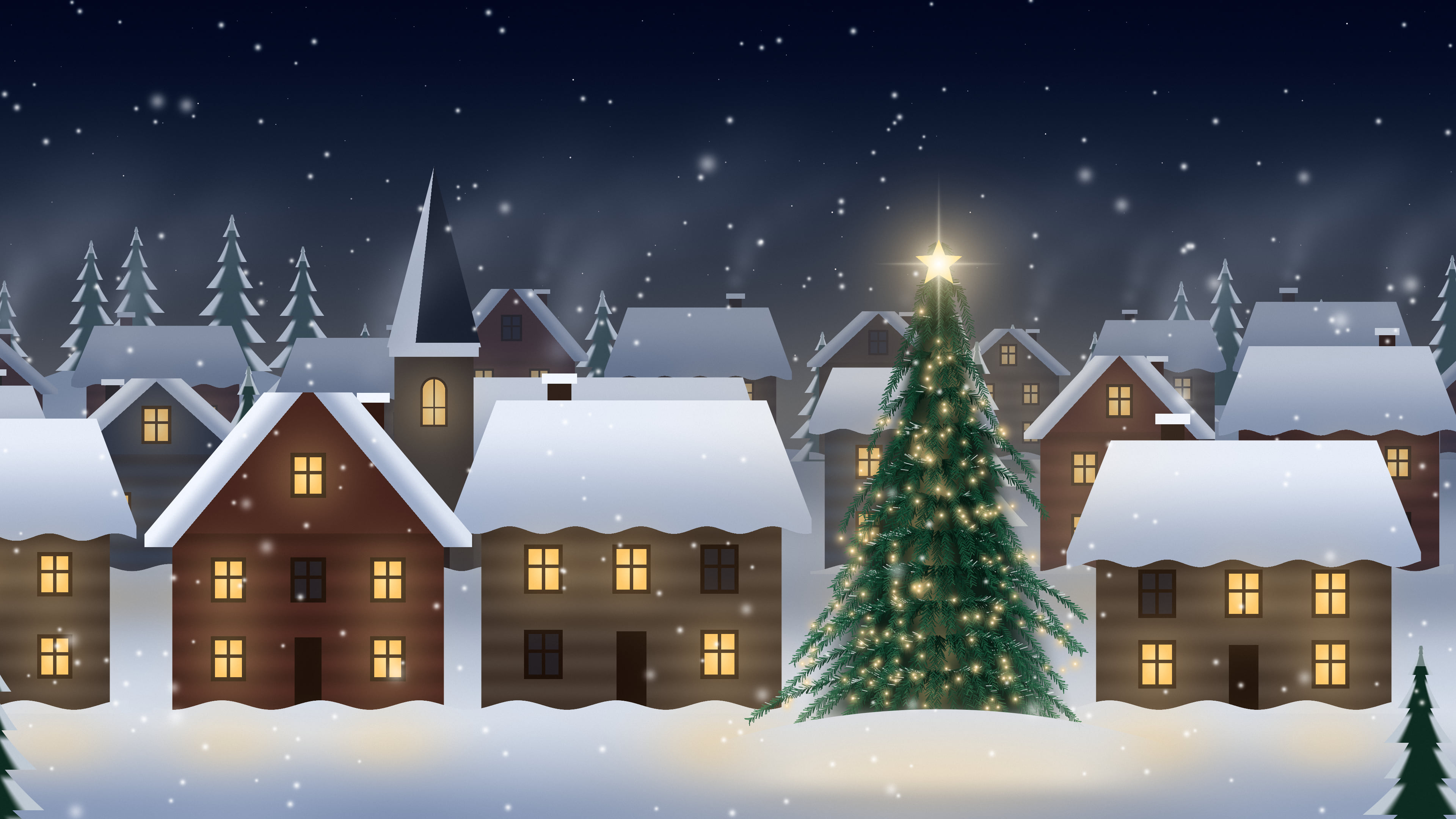 Navy Snowy Christmas Village desktop wallpaper in 4K