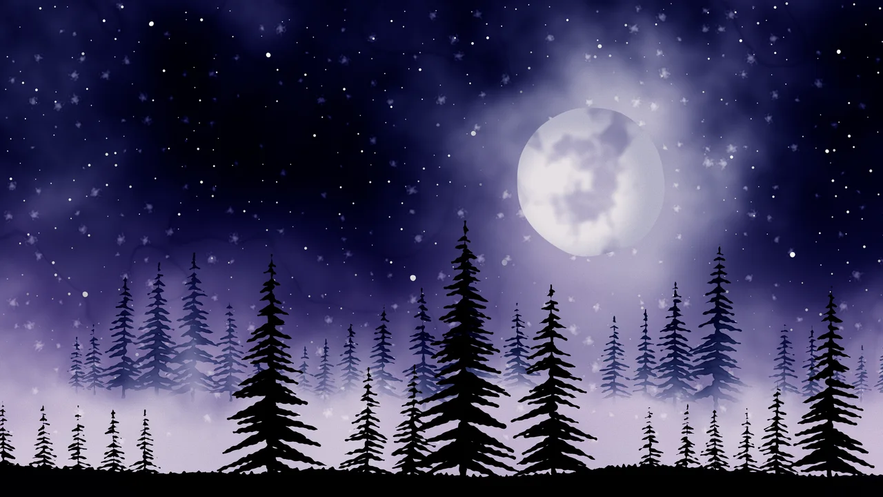 Navy Watercolor Moon and Pine Trees desktop wallpaper in 4K