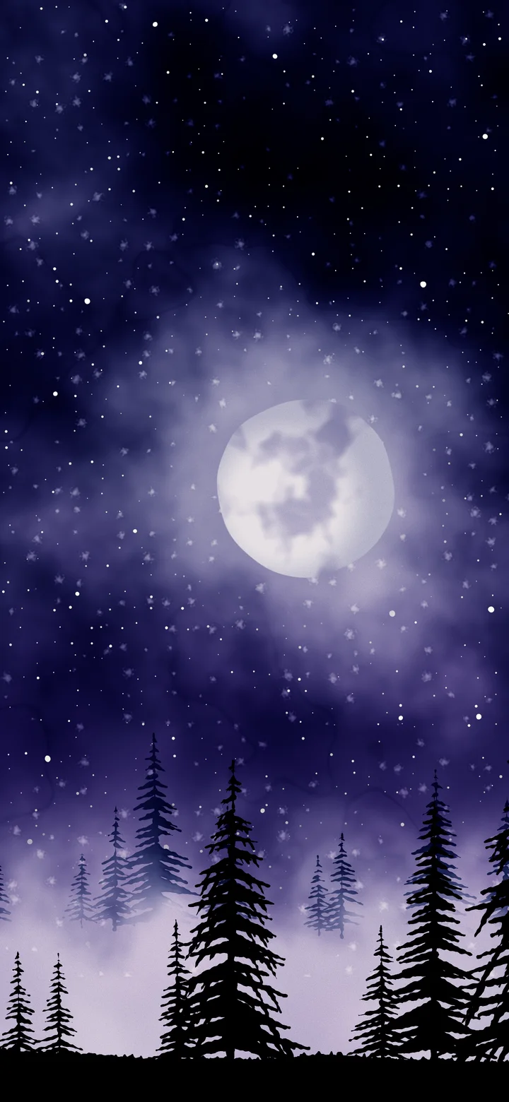 Navy Watercolor Moon and Pine Trees wallpaper for iPhone and Android