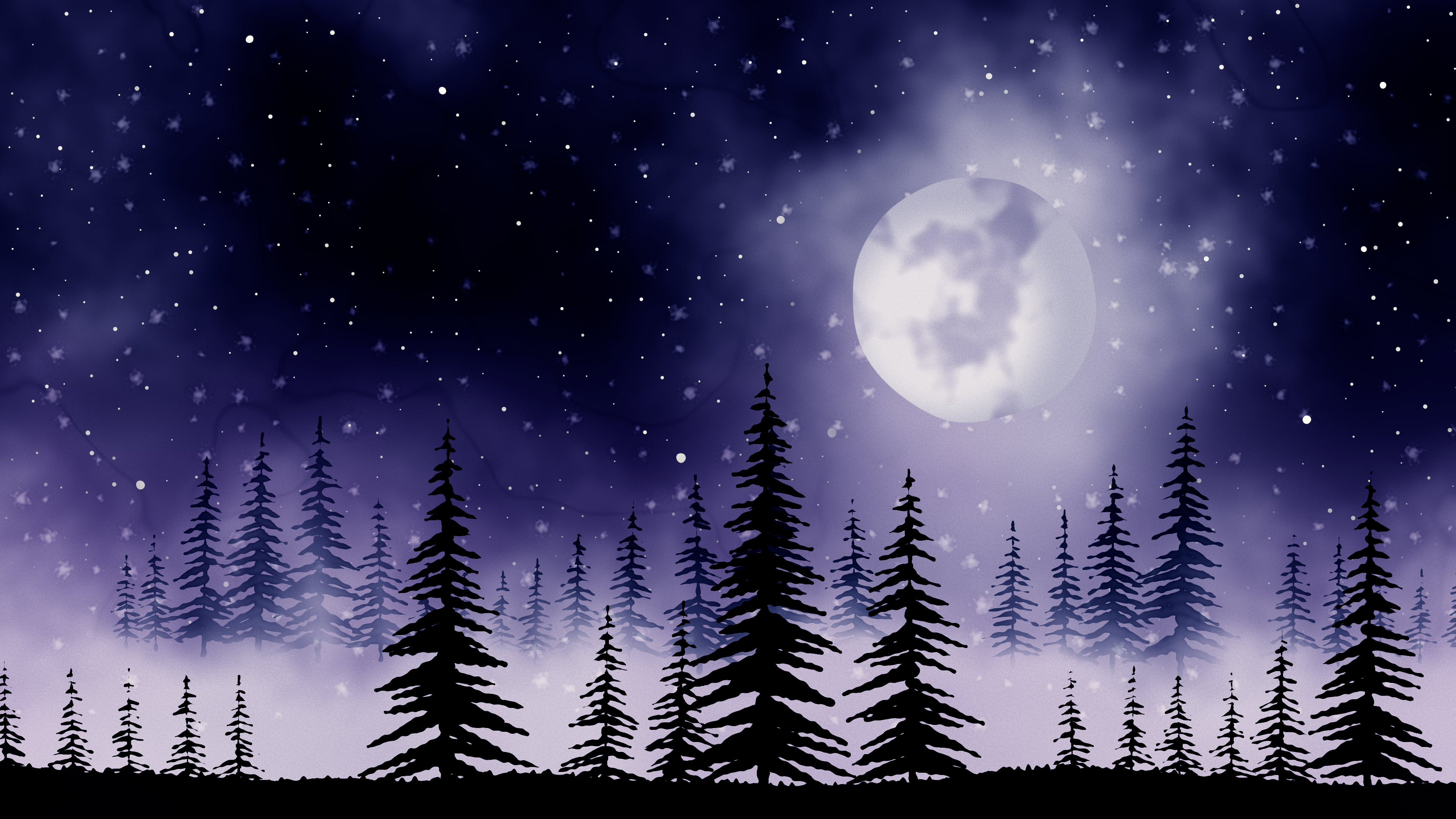 Navy Watercolor Moon and Pine Trees desktop wallpaper in 4K