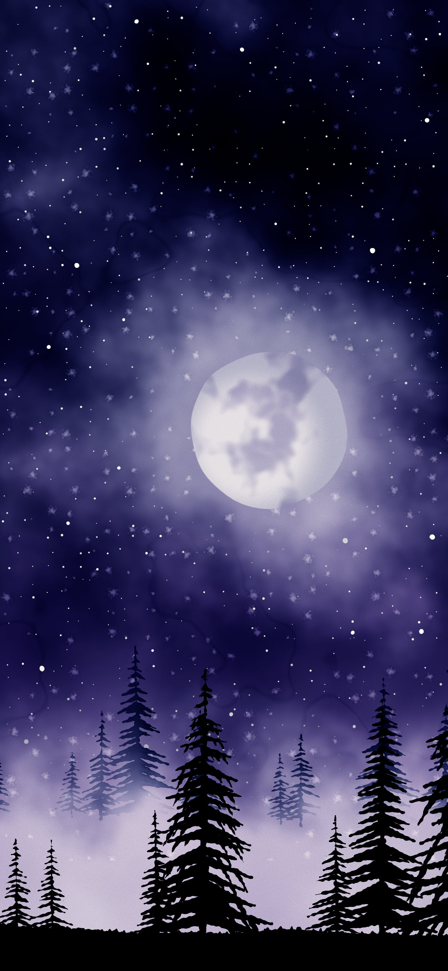 Navy Watercolor Moon and Pine Trees wallpaper for iPhone and Android