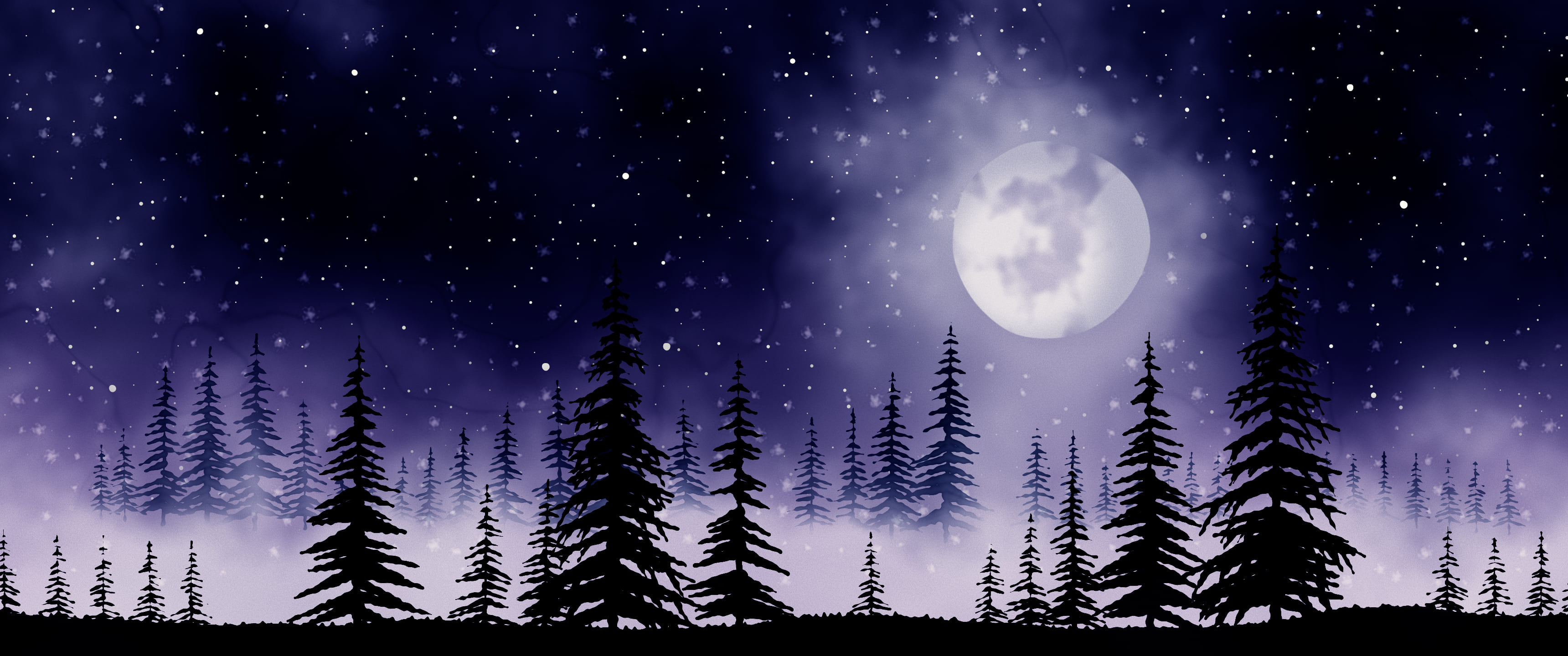 Navy Watercolor Moon and Pine Trees ultrawide wallpaper, 3440 × 1440