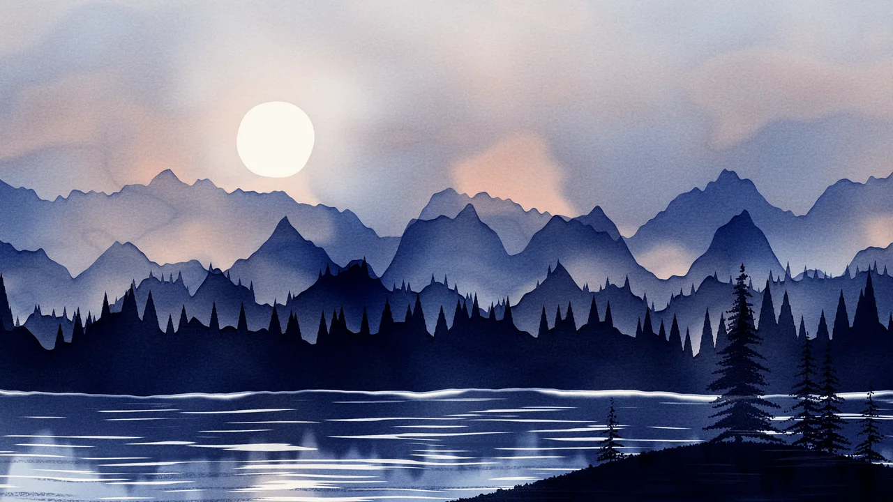 Navy Watercolor Mountain Landscape desktop wallpaper in 4K