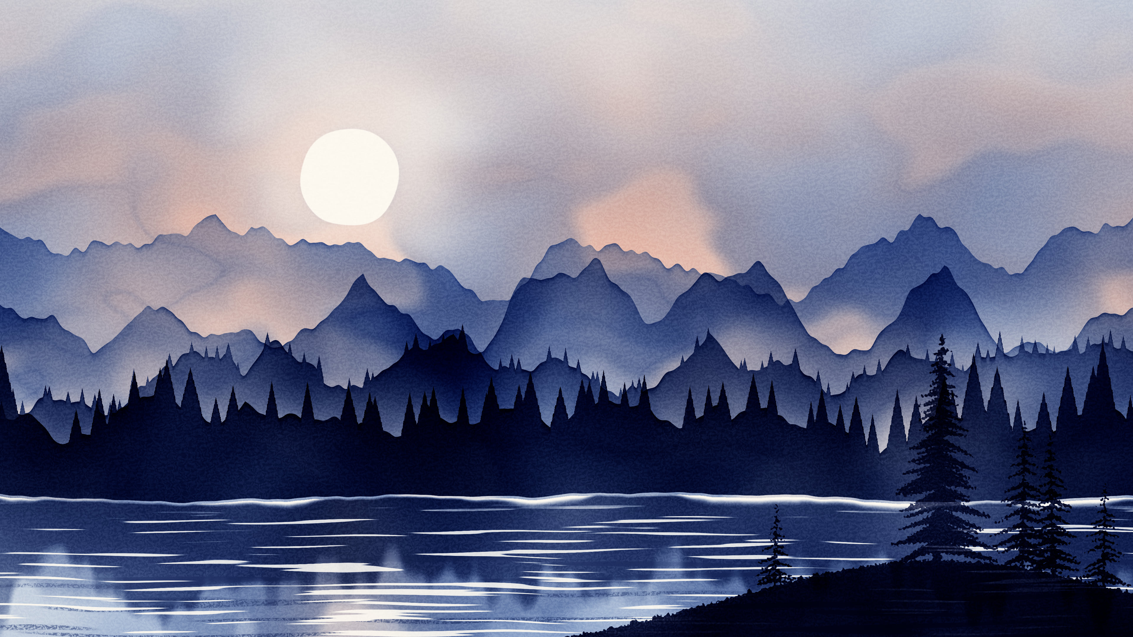 Navy Watercolor Mountain Landscape desktop wallpaper in 4K
