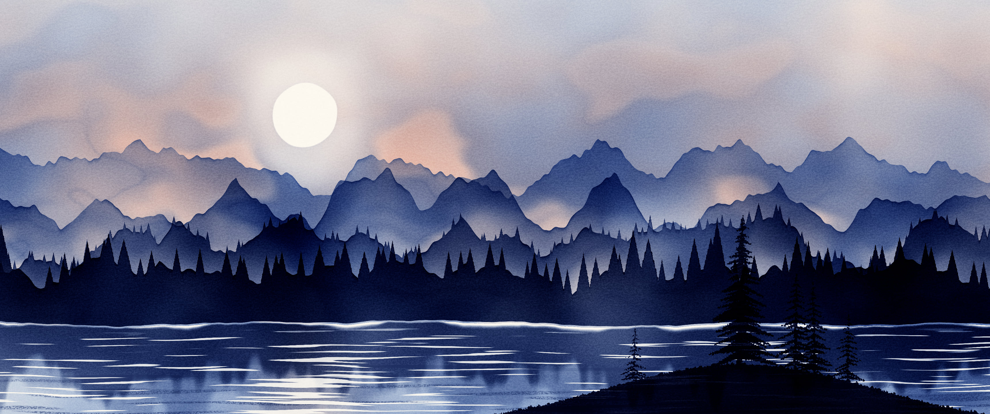 Navy Watercolor Mountain Landscape ultrawide wallpaper, 3440 × 1440