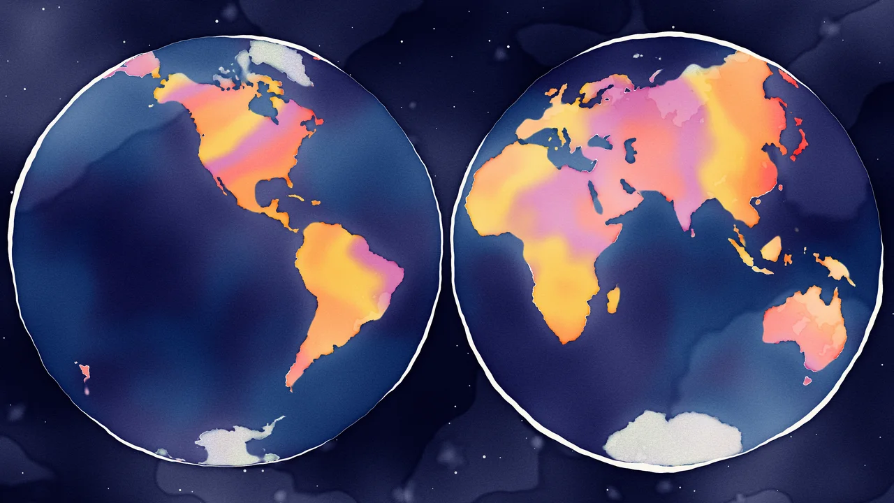 Navy Watercolor World Map in Two Hemispheres desktop wallpaper in 4K