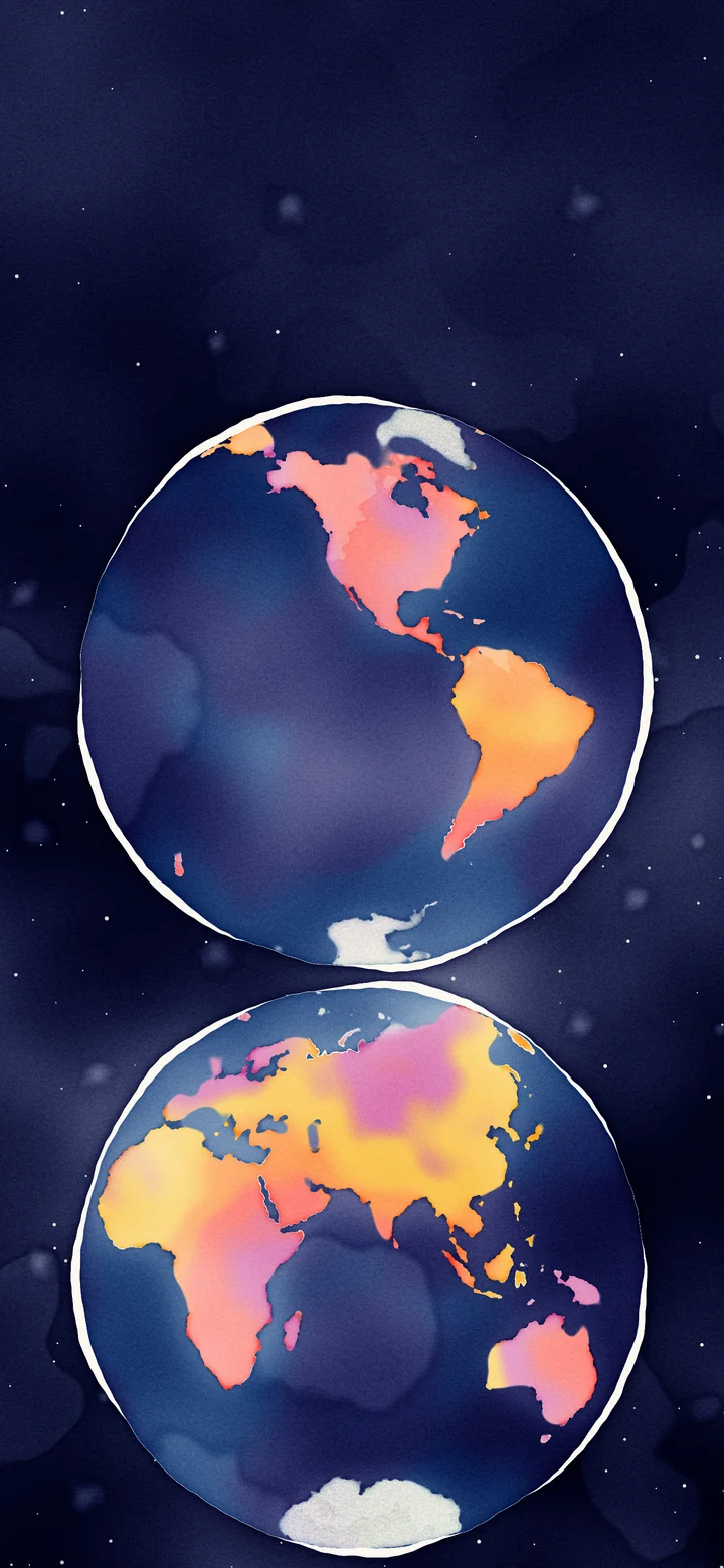 Navy Watercolor World Map in Two Hemispheres wallpaper for iPhone and Android