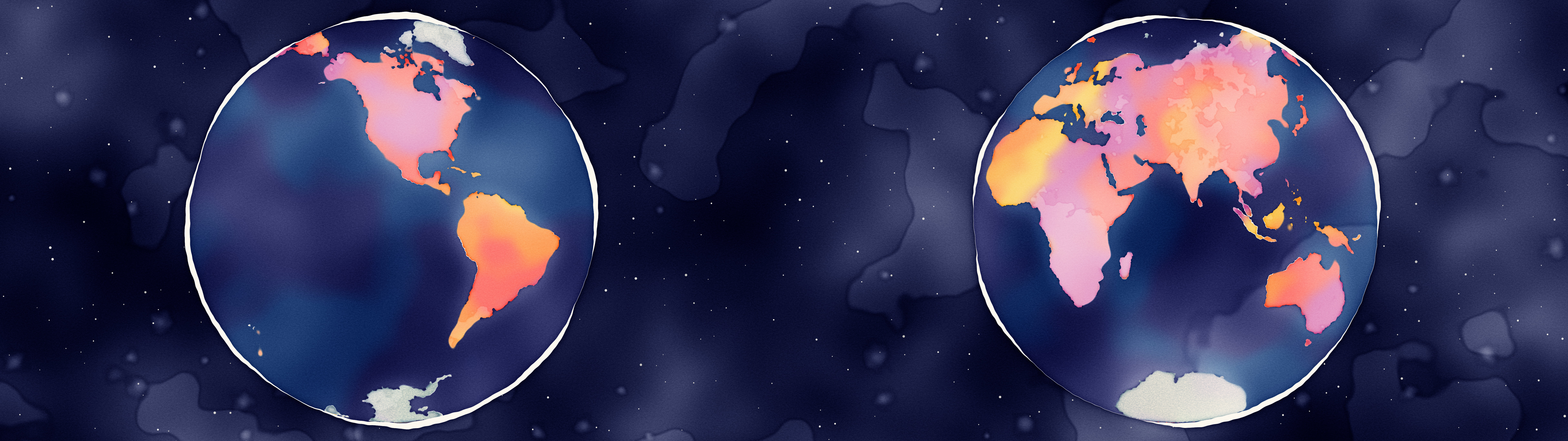 Navy Watercolor World Map in Two Hemispheres dual monitor wallpaper, 7680 × 2160