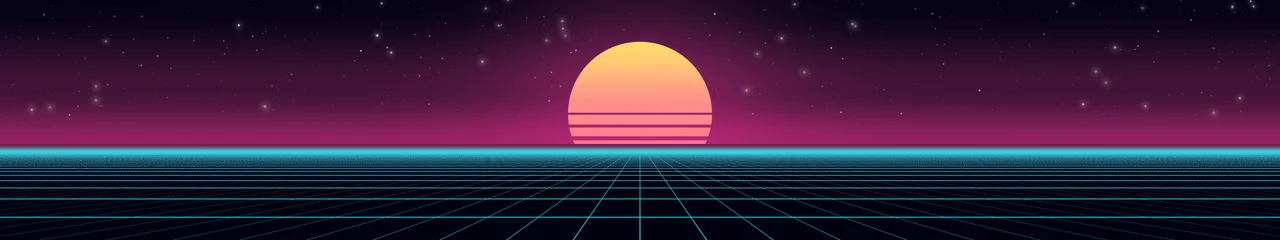 Neon Cyber Synthwave Grid Sunset triple monitor wallpaper, 7680 × 1440