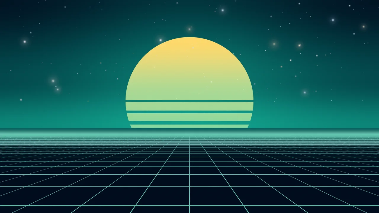 Northern Lights Synthwave Grid Sunset desktop wallpaper in 4K