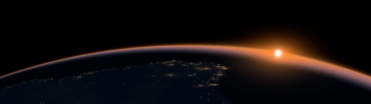 Orange Earth Dawn over City Lights dual monitor wallpaper, 7680 × 2160