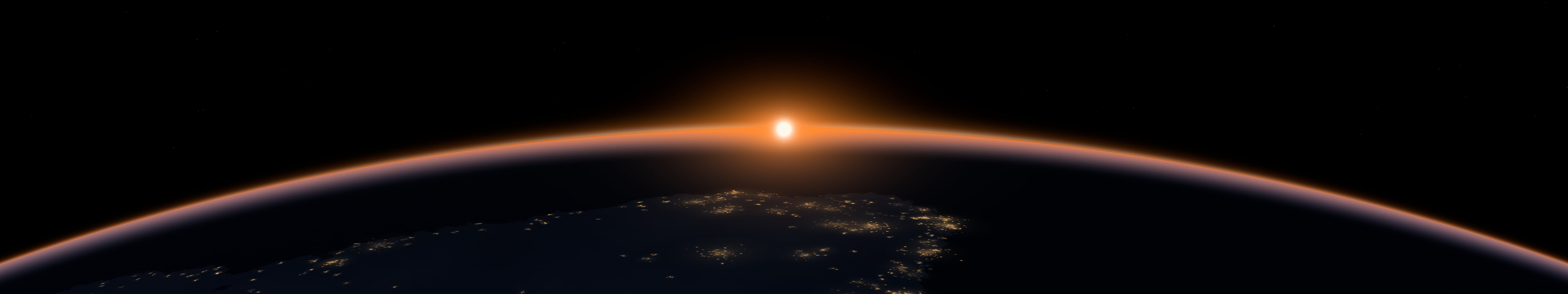 Orange Earth Dawn over City Lights triple monitor wallpaper, 7680 × 1440