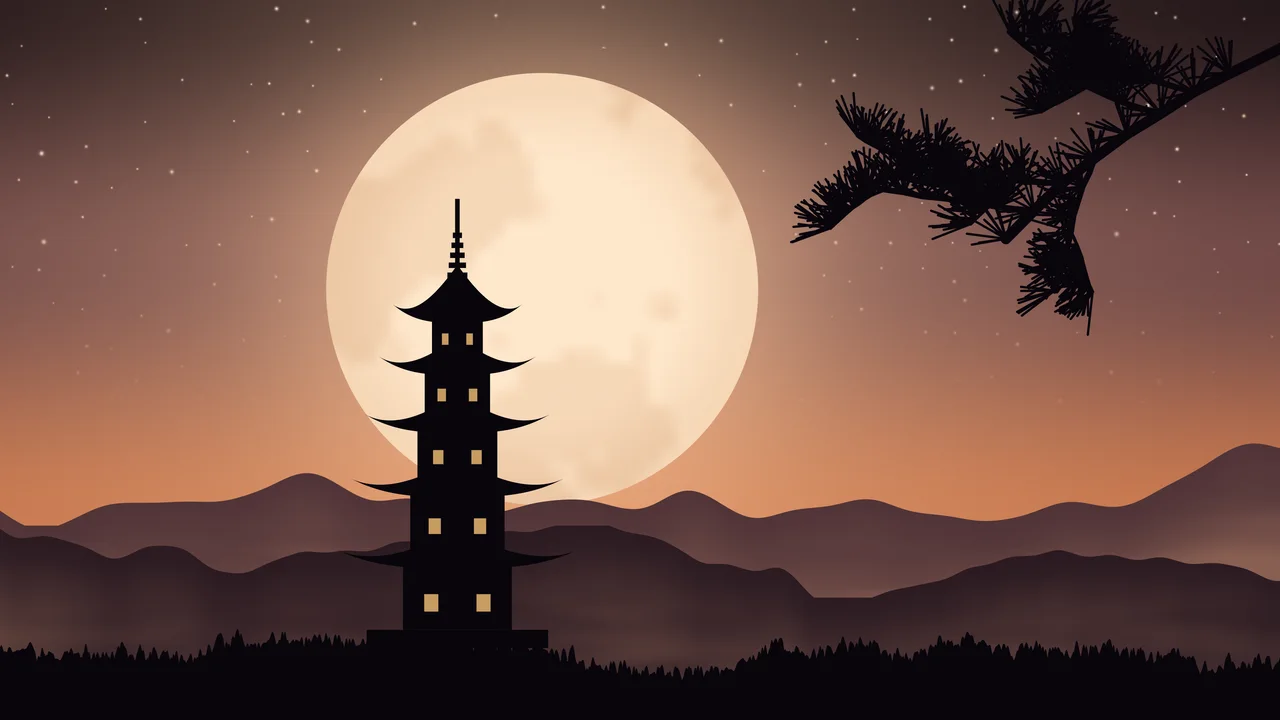 Orange Japanese Pagoda and Moon desktop wallpaper in 4K