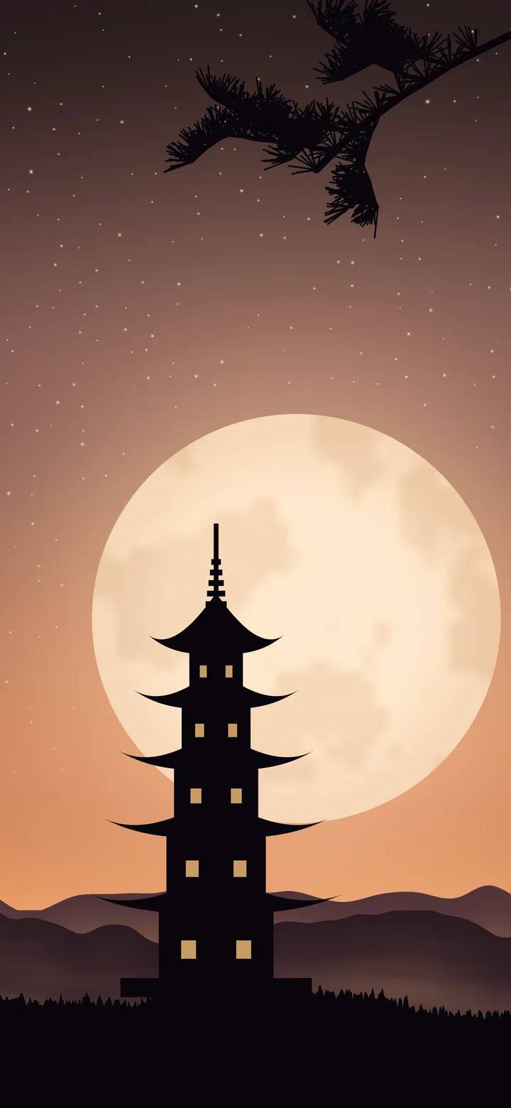 Orange Japanese Pagoda and Moon wallpaper for iPhone and Android