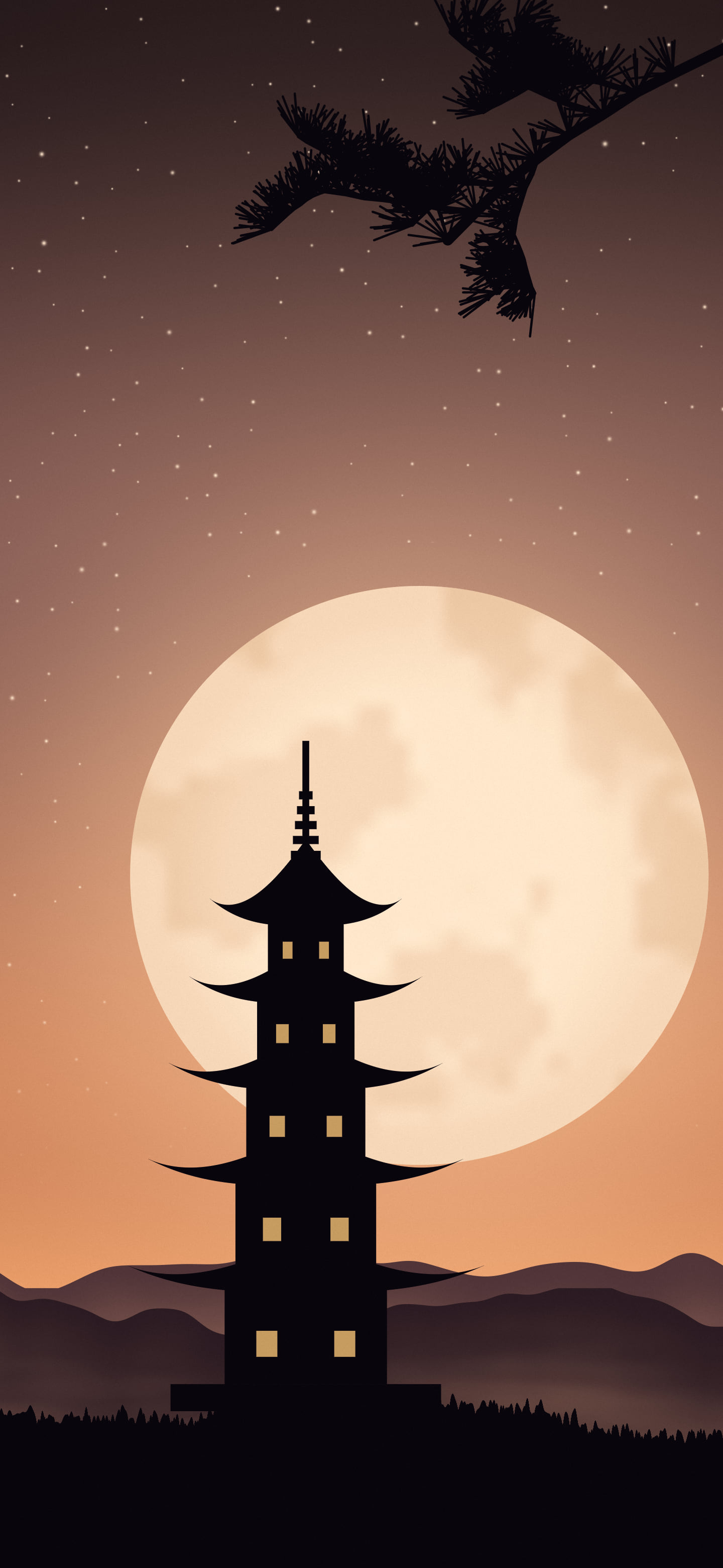 Orange Japanese Pagoda and Moon wallpaper for iPhone and Android