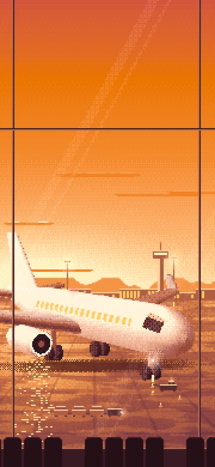 Orange Pixel Art Airplane at the Airport at Dusk wallpaper for iPhone and Android